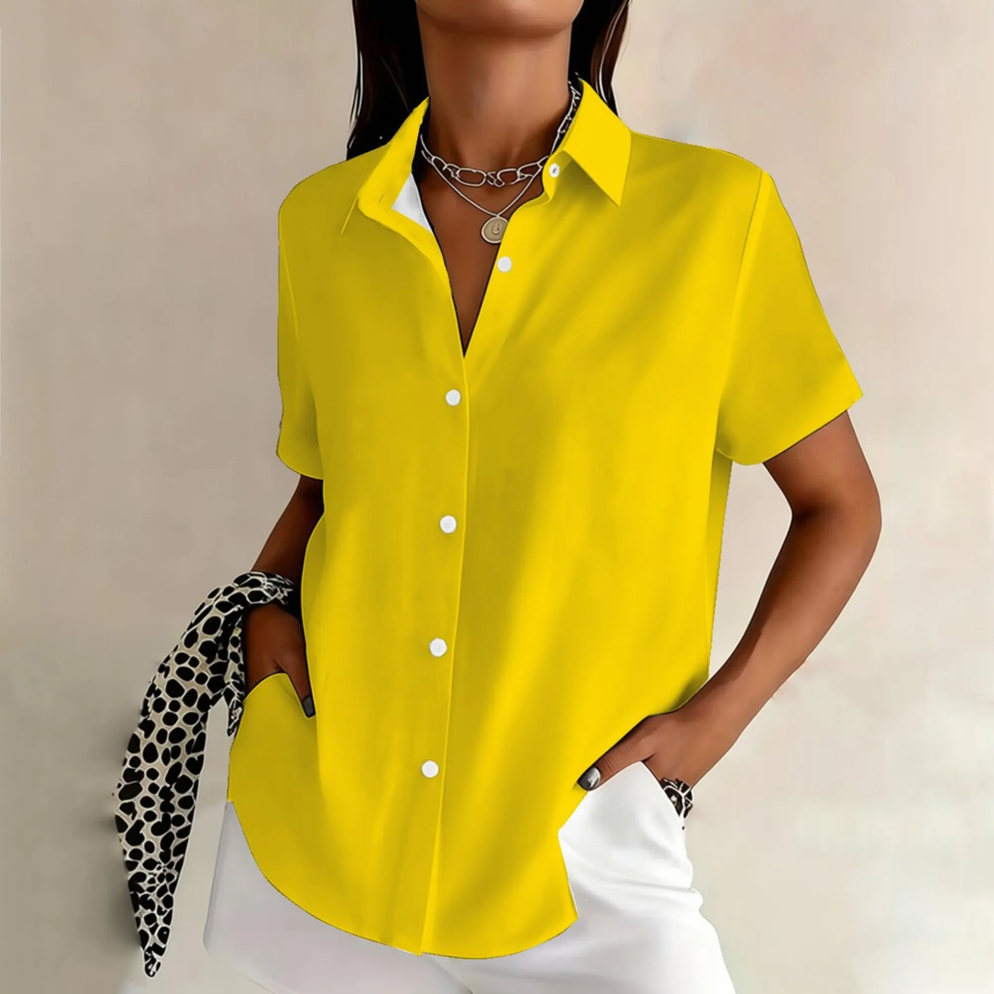 

Plus Size Women's Summer Solid Yellow Short Sleeve Shirt - Stylish, Versatile, Comfortable & Breathable