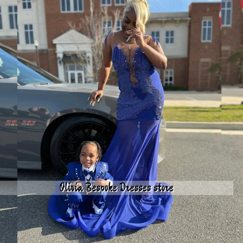 Personalizado glitter azul real sereia vestido de baile preto meninas rendas apliques cristal frisado vestido de festa de aniversário