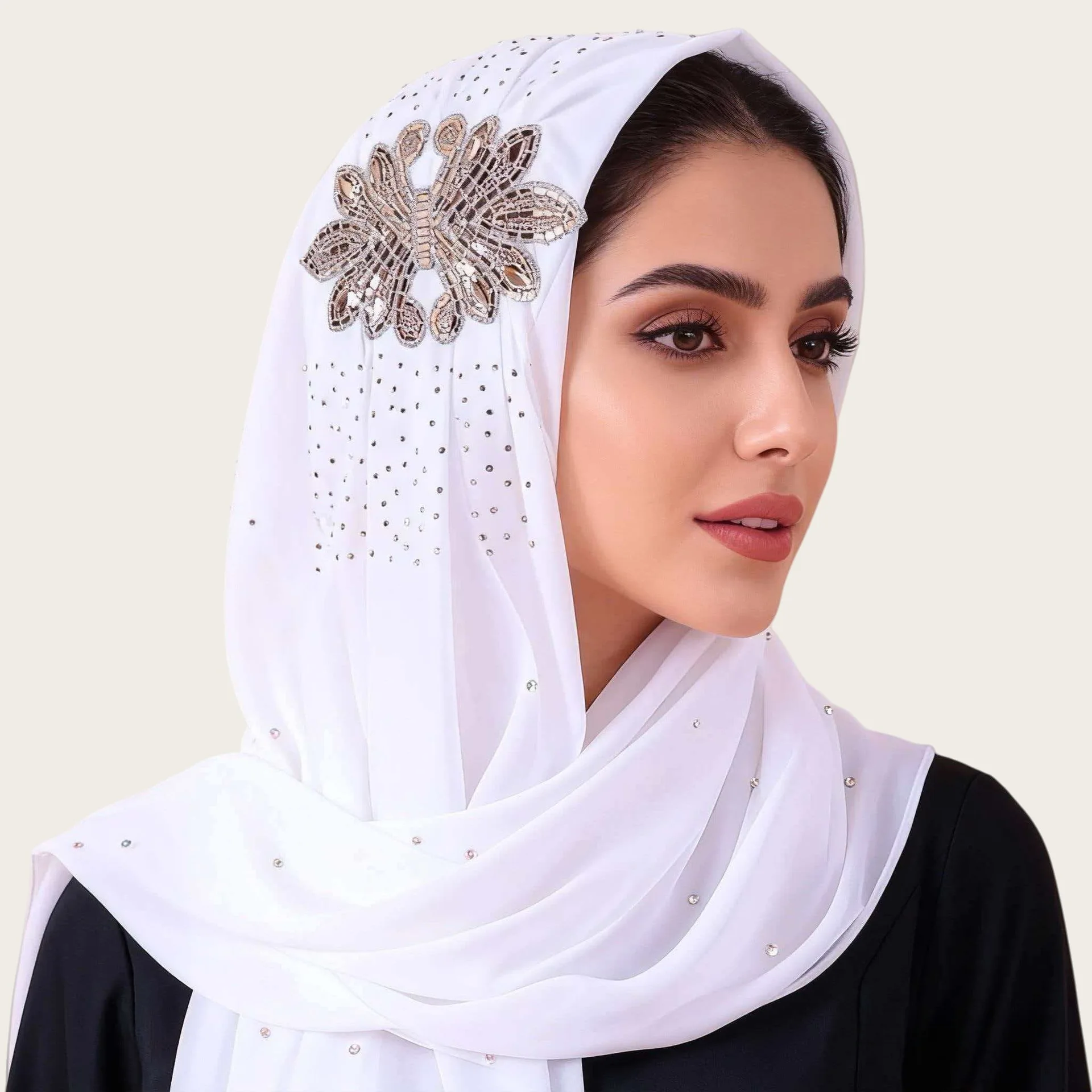 

New Ethnic Style Rhinestone Flower Chiffon Hijab Scarf Pearl Decor Long Headscarf for Muslim Women