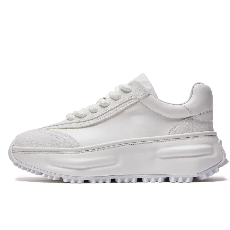 Horse Leather White Shoes for Men's High End Fashion Height Increasing Shoes Breathable Horsehide Sewing Casual Sports Dad Shoes