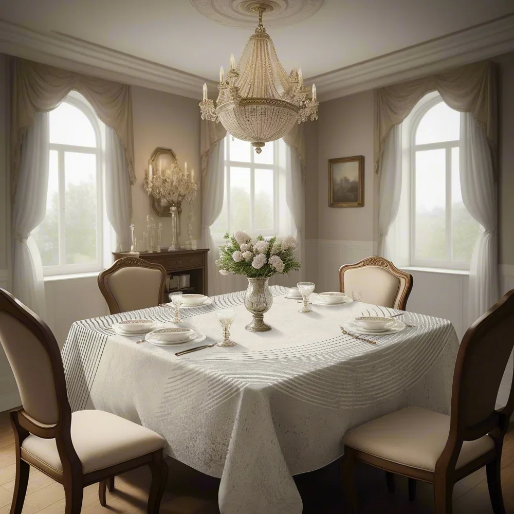 Open the JIT 1PC tablecloth with a delicate light-colored striped pattern in square shape. Made of 100% polyester. Yzb