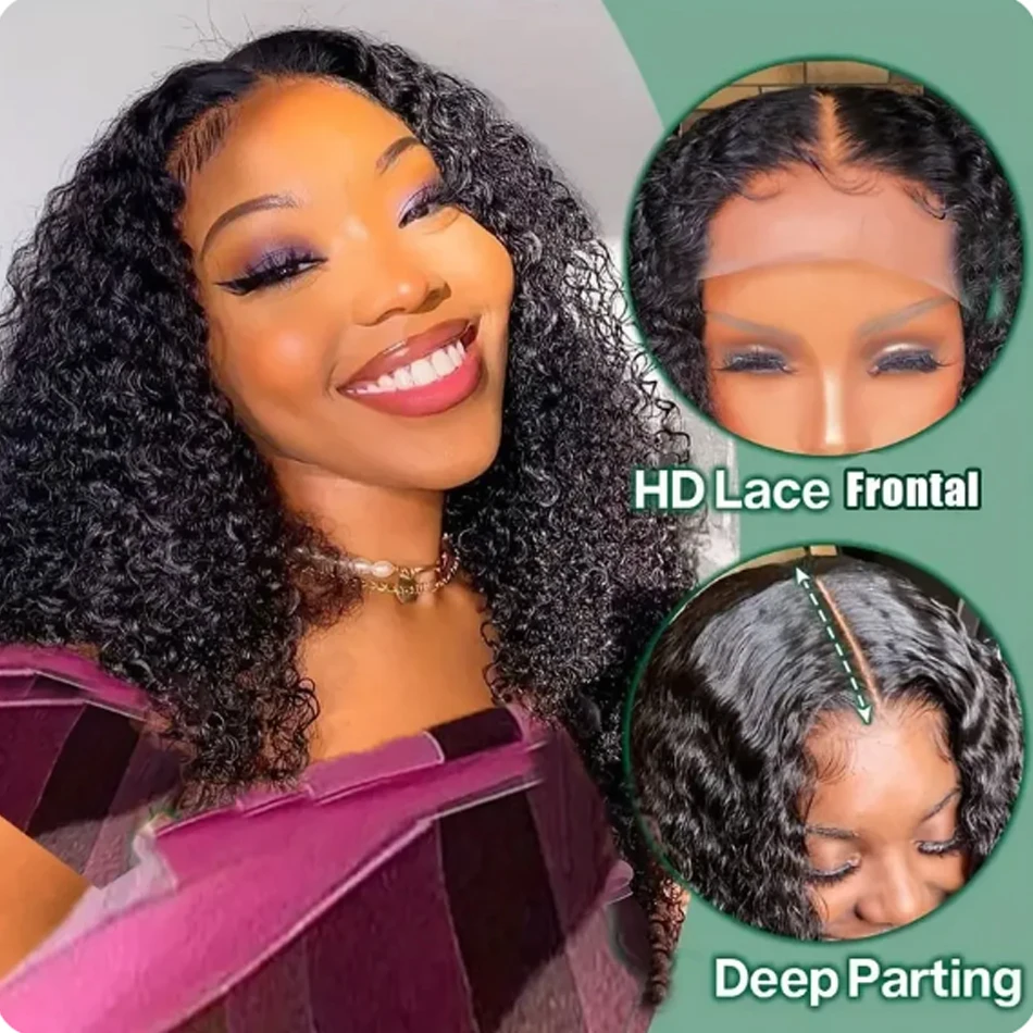 Glueless Kinky Curly Bob 100% Human Hair Wigs 13x4 Lace Frontal Wigs For Black Women 180 Density Deep Curly Bob Wig Wear To Go