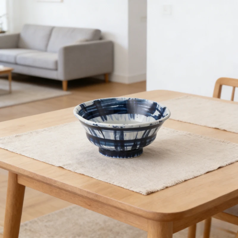Japanese Imported Checkered Large Noodle Bowls Hand Painted Japanese Style Ceramic Soup Bowls Tableware Set Exquisite Tableware