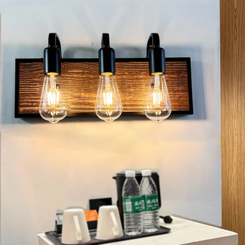 

Retro Wooden Wall Lamp American Bedroom Bedside Mirror Front Lamp Creative Restaurant Bar Counter Corridor Porch Iron Wall Light