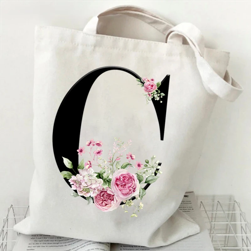 Women Tote Bag Black Alphabet Rose Canvas Shoulder Bag Large Capacity Vintage Portable Practical Commuter Bag Letter Y2K Handbag