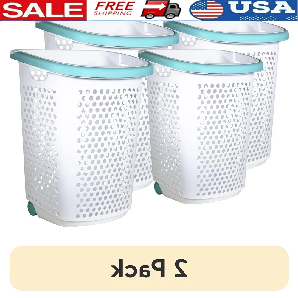 

2 Pack Rolling Laundry Hamper with Wheels Pop Up Handle Large Capacity Plastic Basket Home College Dorm Garage Storage