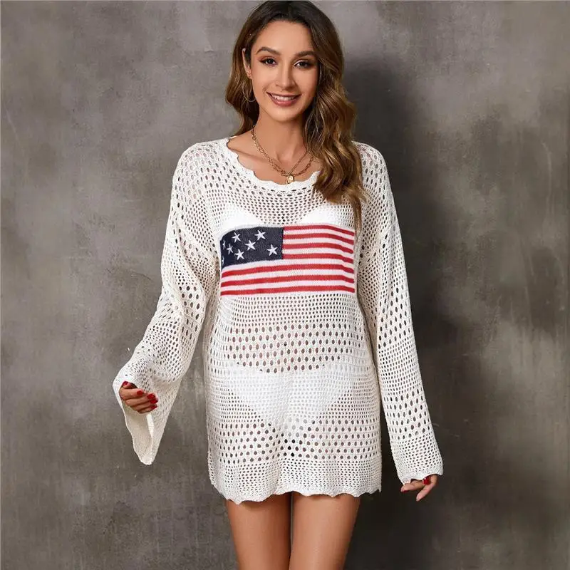 Faionable round Ne Flag Pattern Easter Independent Day Women's Cover up Sweater Thin Long Sve Triacetate Fiber