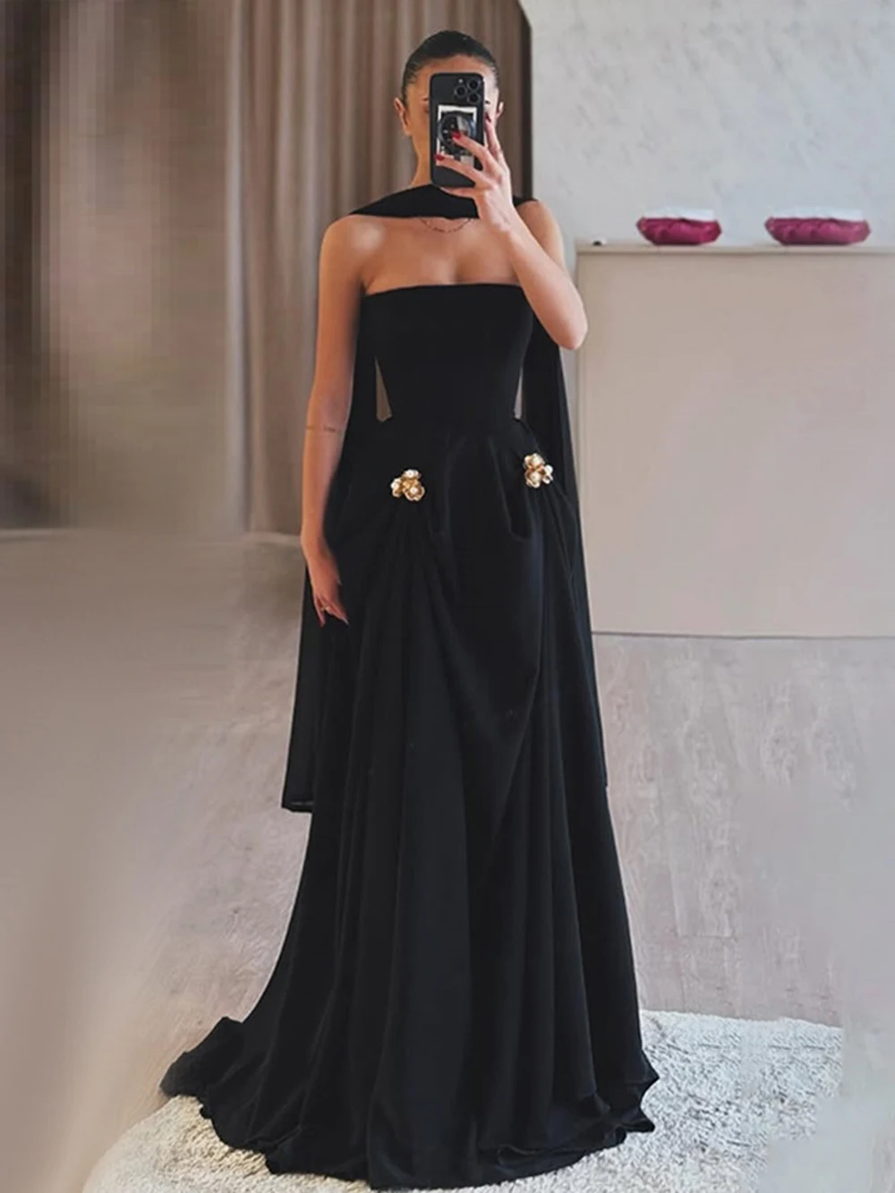 Modphy Elegant Strapless Women'S Evening Dress 2025 New Metal Flower Outfit Women Party Dress Ribbons Formal Gowns