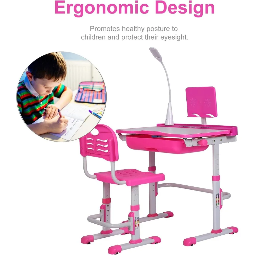 Kids Desk and Chair Set, Height Adjustable Child's School Study Writing Tables with Tilt Desktop, LED Light, Storage Drawer