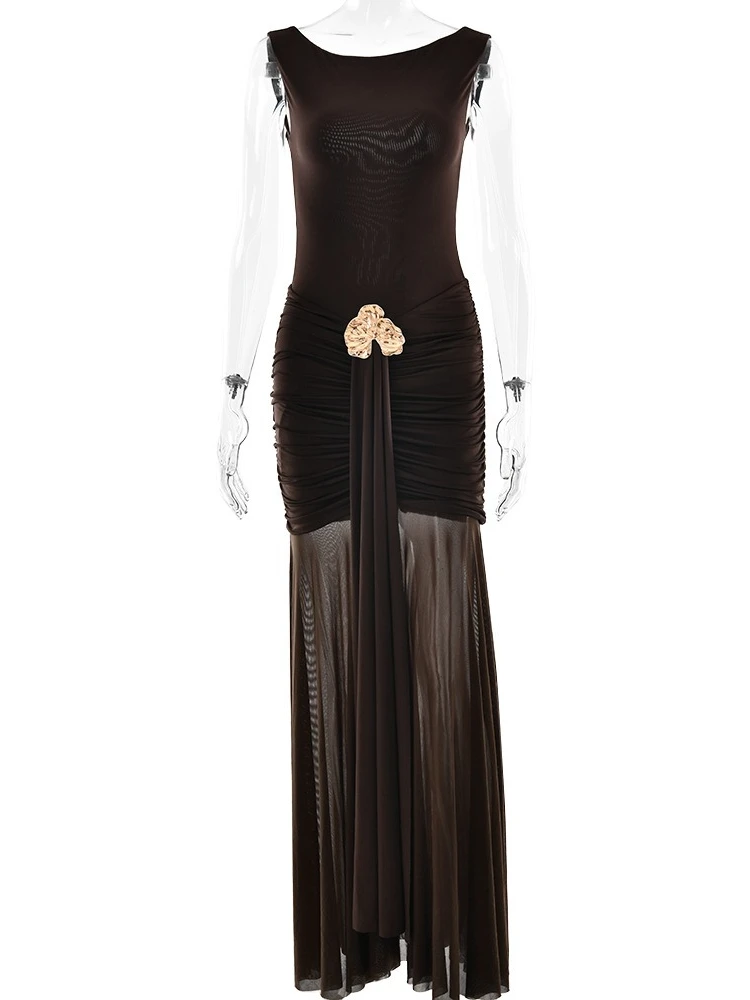 XIAOTANG Metallblume, rückenfrei, gerafft, sexy Maxikleid, Damenkleid, modisch, ärmellos, rückenfrei, figurbetont, Club-Partykleid, elegant