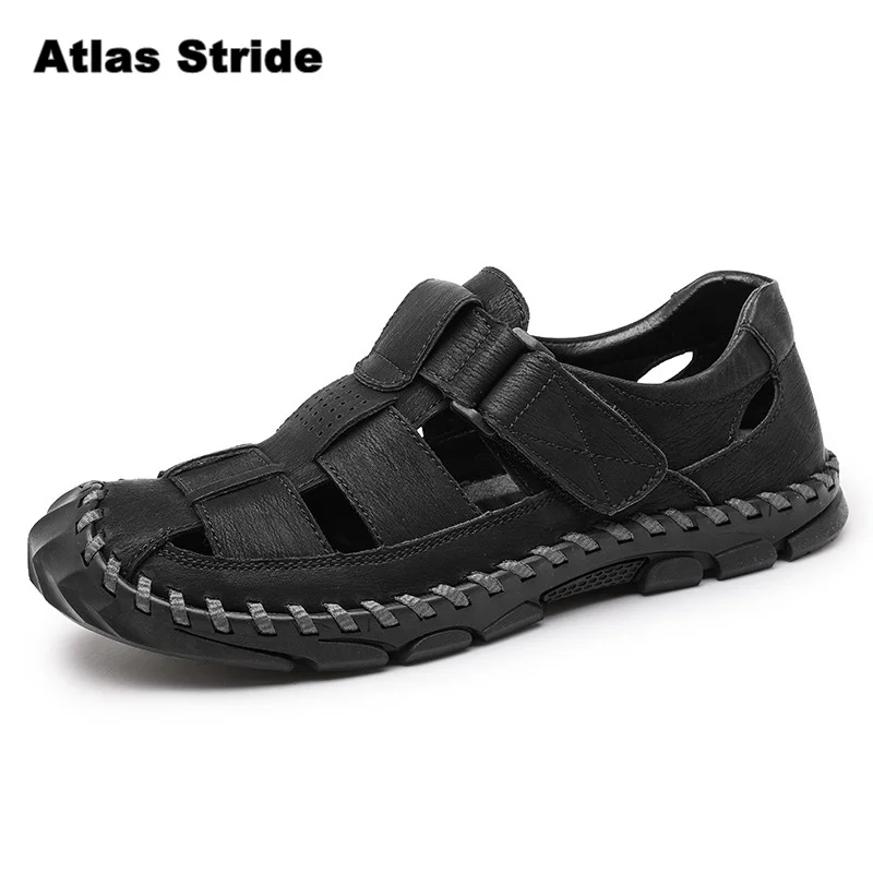 

Men's Closed Toe Leather Sandals Summer Breathable Outdoor Hiking Shoes Non-slip Handmade Casual Beach Sandals for Men Big Size