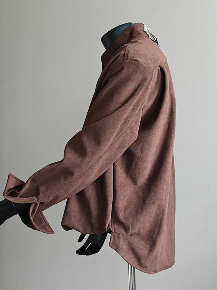 Spring and Autumn Retro Simple Style Fake Two-Piece Stand Collar Coffee Shirt Men's Long Sleeve Black Loose Casual Shirt