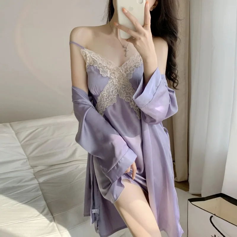 

Women Pajama Set Fashion V Neck Ice Silk Satin Lace Sexy Lingerie Nightgown Sleep Dress Sets Sleepwear Robe Nightdress Y