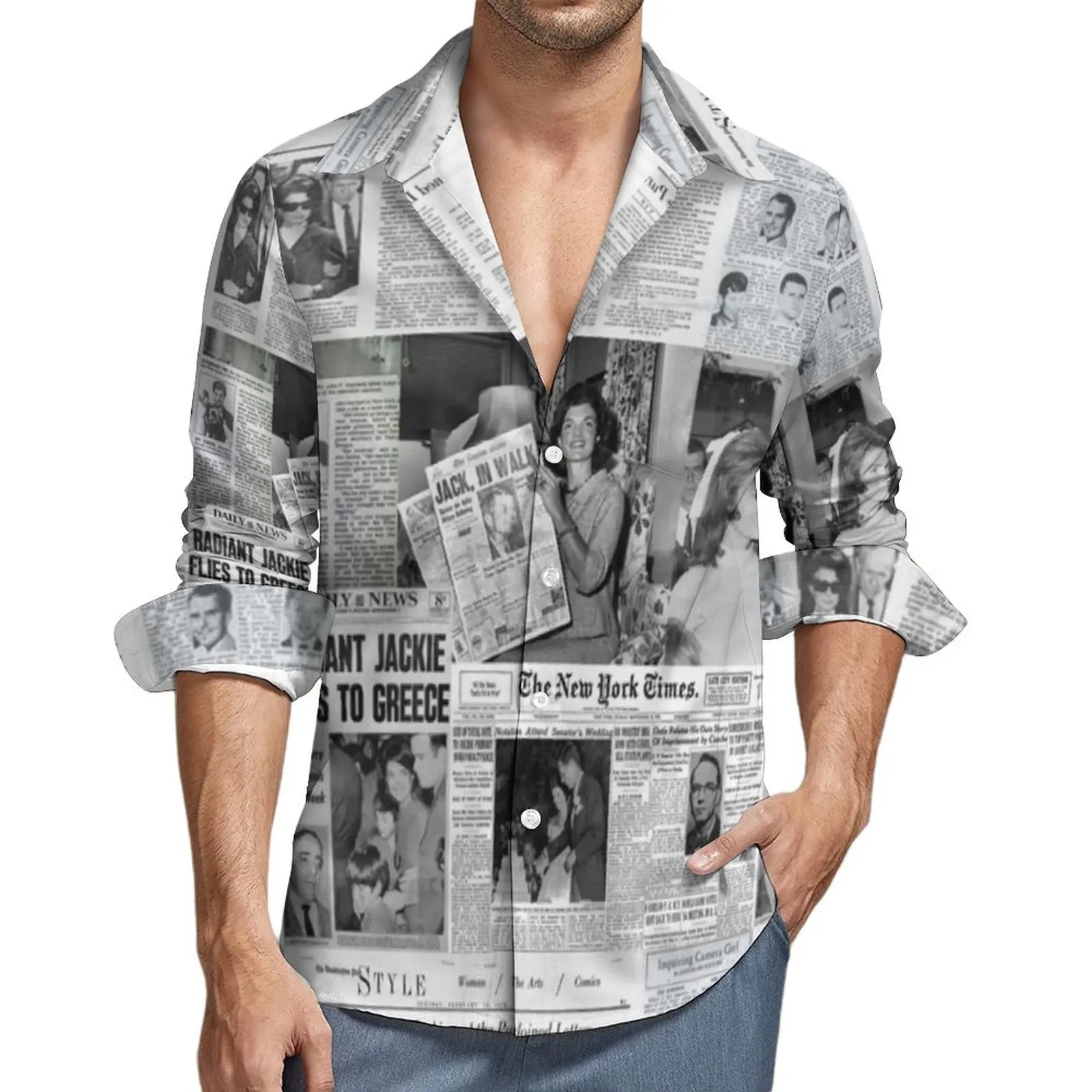 

Newspaper Collage Shirt Autumn Jackie Kennedy Casual Shirts Men Novelty Blouses Long Sleeve Design Y2K Funny Clothing Plus Size