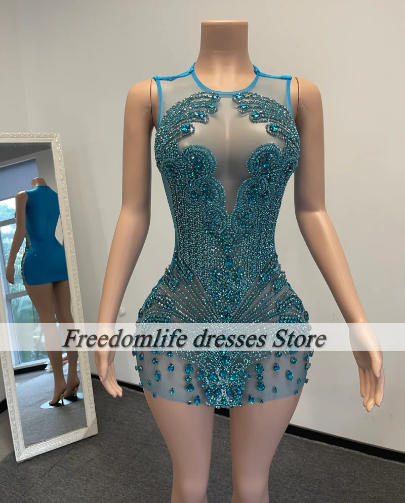 

Shinny Blue Rhinestone Prom Dresses For Women O-neck Sparkly Black Girl Birthday Outfits Sheer Neck Short Party Dress Customized