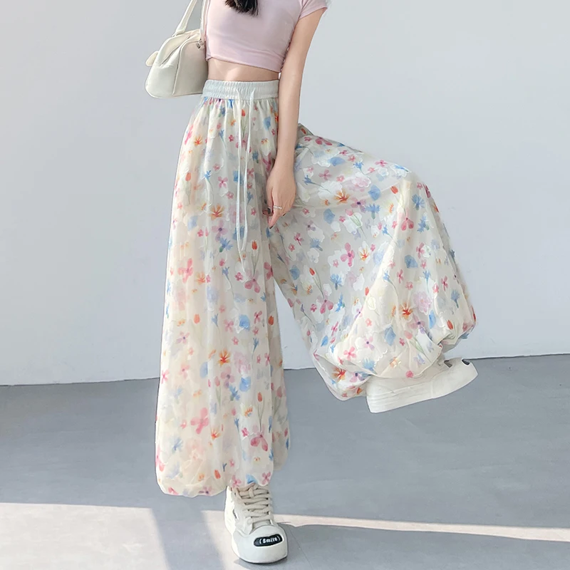 

Женские летние повседневные брюки с эластичной резинкой на талии и широкими штанинами с цветочным принтом, женские свободные длинные брюки с высокой талией