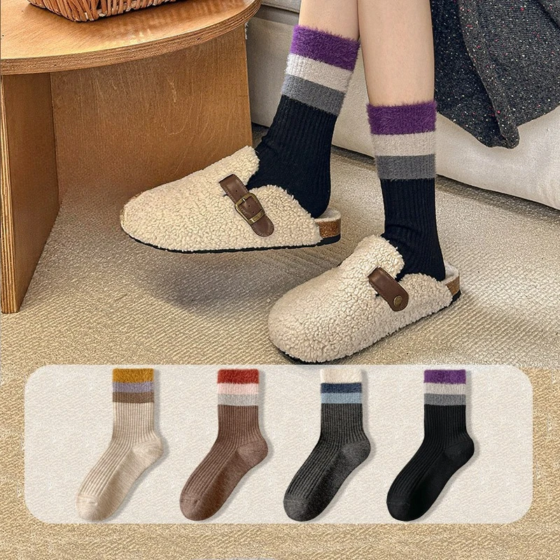 

4 пары женских шерстяных школьных носков, осенне-зимние пушистые термоноски с цветными блоками, толстые вязаные носки с начесом для девочек, высокое качество