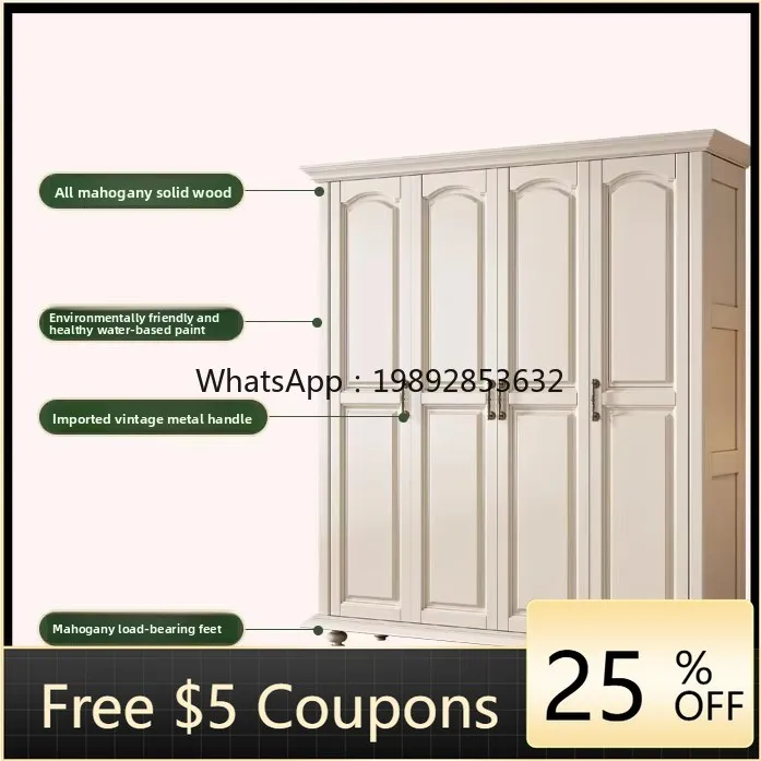 YFY European Style White Cream Full Solid Wood Wardrobe Three-Door Four-Door Home Bedroom Natural Wood
