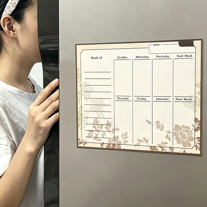 Magnetic Weekly Planner for Fridge, Reusable Dry Erase Board, Floral Refrigerator Calendar Memo Pad