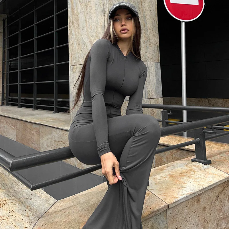 Y2k women's new long sleeved fashionable bell bottom pants slim fit dark gray jumpsuit women's street wear jogging jumpsuit