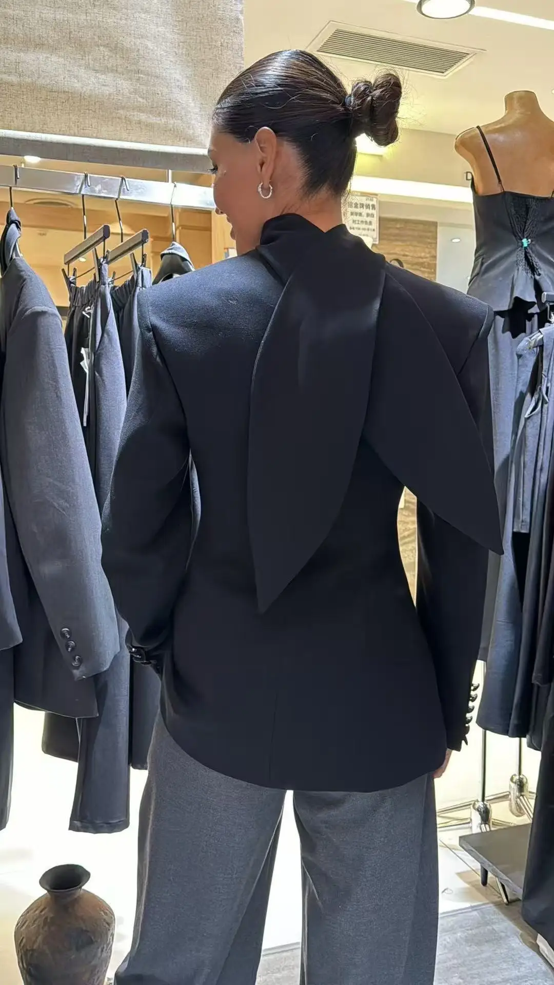 BJTZ المرأة الخريف قطعتين مجموعة السترة شال طوق الخامس الرقبة واحدة الصدر بنطال ذو قصة أرجل واسعة مع جيوب أنيقة قسط عادية