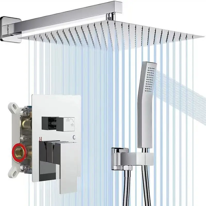 Bathroom Shower System  Rain Shower Head Combo Set with Valve and Trim Luxury Rain Mixer Silver Concealed Shower Faucet