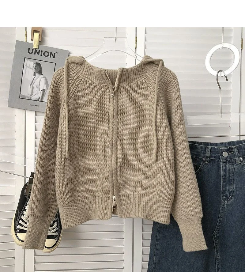 Double Zipper Drawstring Hooded Gray Long-sleeved Sweater For Women 2023 Autumn Fashion Korean Version Of Loose Coat Sweater