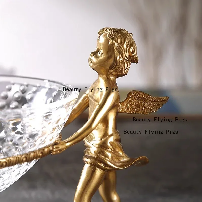 European luxury brass angel bowl imported crystal fruit bucket living room home decoration snacks candy storage tray