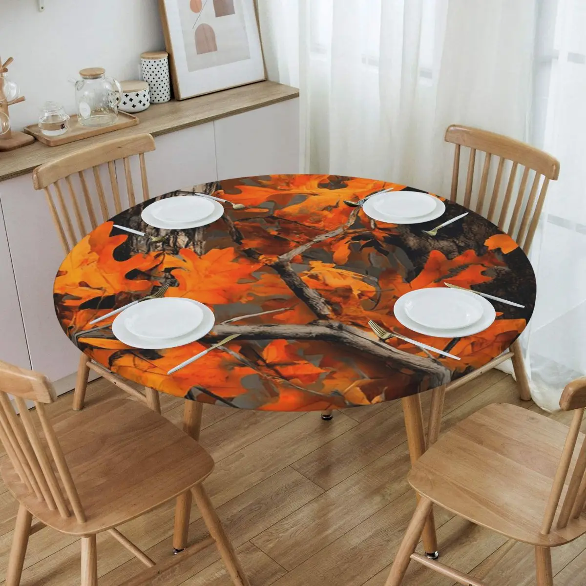 Orange Oak Leaves Autumn Camouflage Artwork Waterproof Round Tablecloth Oilproof Table Cloth Kitchen Events Dining Table Cover
