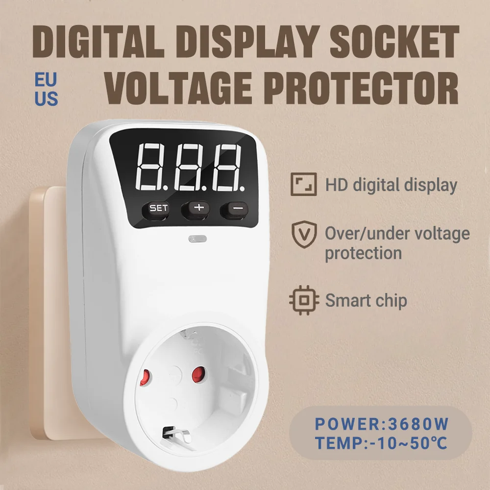 Automatic Voltage Protector Socket 16A/15A 230V/110V with Adjustable Settings - Power Surge Protection for EU US Plug Appliances
