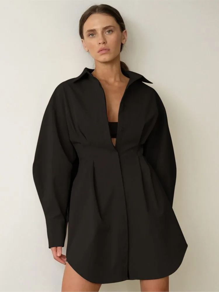 Woman's Elegant Mini Dress Spring Fashion Lapel Long Sleeved Dresses Ladies Solid Color Single Breasted Waist Cinched Vestidos