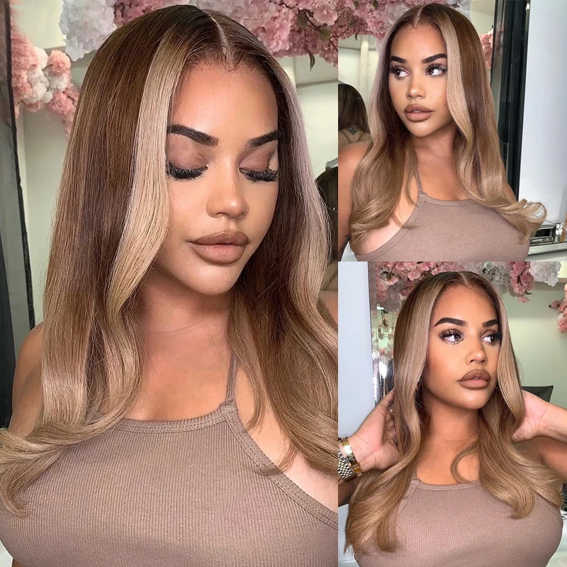 Ombre Brown Blonde Synthetic Wig 13X4 Body Wave Lace Front Wig For Women Colored Transparent Lace Closure Wig 180 Density