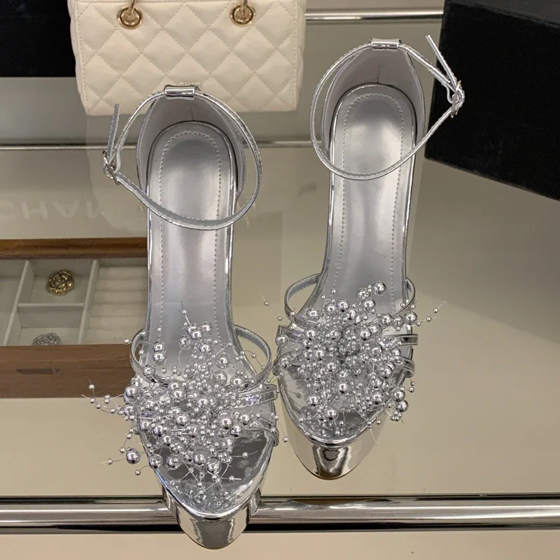 Aneikeh Summer Fashion Silver Rhinestone Buckle Strap Women Platform Sandals Sexy Glitter Thin High Heels Dinner Party Prom Shoe
