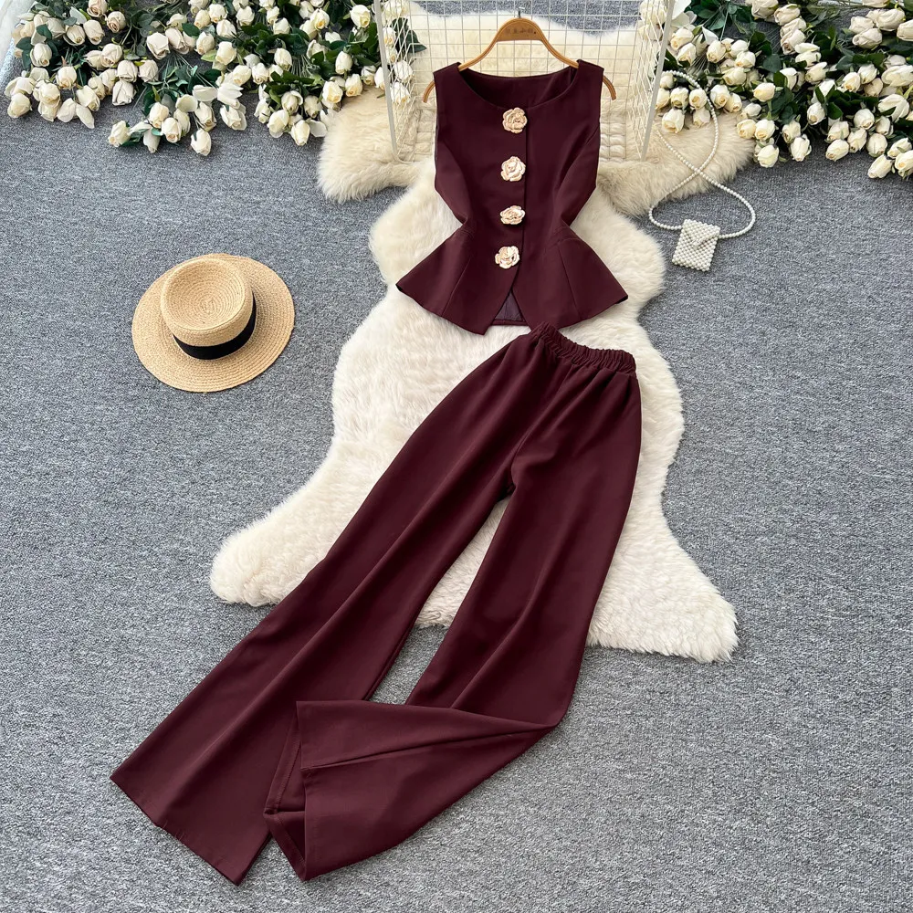 

Women Pant Set Two Piece Sets Floral Sleeveless Vest Top Wide Leg Long Pants Elastic Waist Y2k Streetwear Elegant Spring 2026