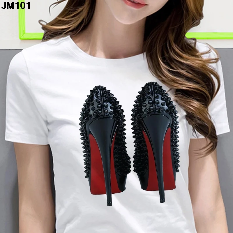 White T Shirt Women Top Casual Tshirt Fashion High Heel Shoes Print Femme Clothing Tshirt Harajuku Short Sleeve Female Tee Shirt