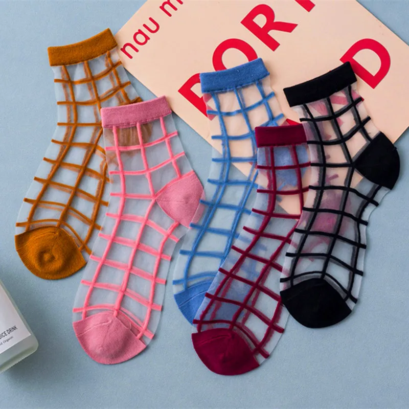 

1 Pair Women Socks Summer 15 Styles Harajuku Thin Transparent Sock Striped Plaid Dots Breathable Funny Socks Casual Ankle Socks