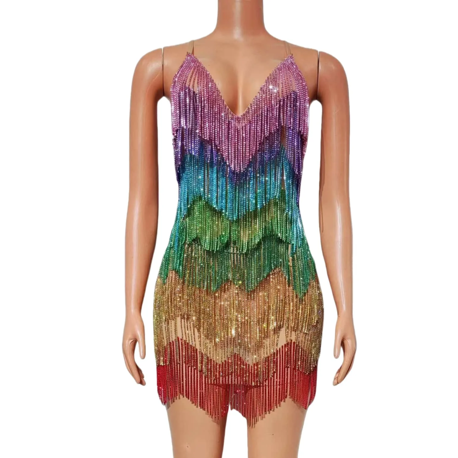 

Сексуальное мини-платье на тонких бретелях с кристаллами и бахромой для вечеринок, клубов, дней рождения, вечерних мероприятий и банкетов