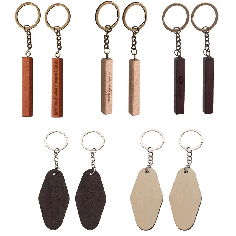 Laser Engrave Double-sides Blank Wood Metal Keychain Custom Logo Wooden Keychain Personalize Number Key Chain Holder Pendant