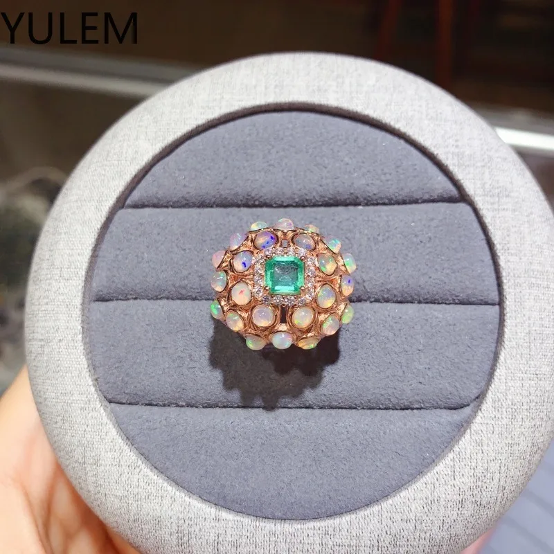 YULEM 100% Natural Emerald Ring for Engagement 5mm*5mm Emerald Silver Ring 925 Sterling Silver Emerald Ring with 3mm Opal Stone image 2