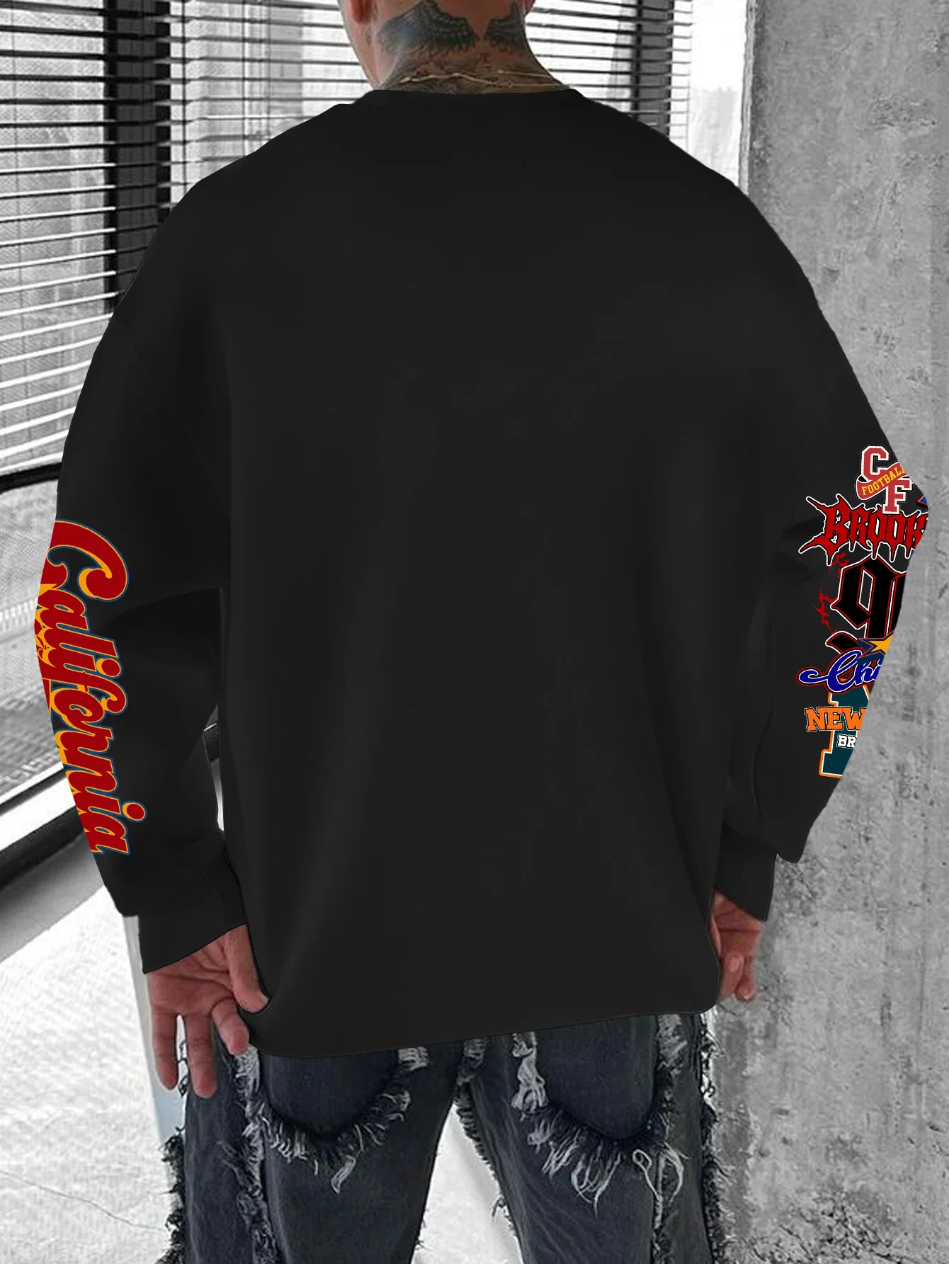Oversized Crewneck Men Sweatshirt, Retro Street Multi City Number Slogan Art Print Pullover Top S-XXL