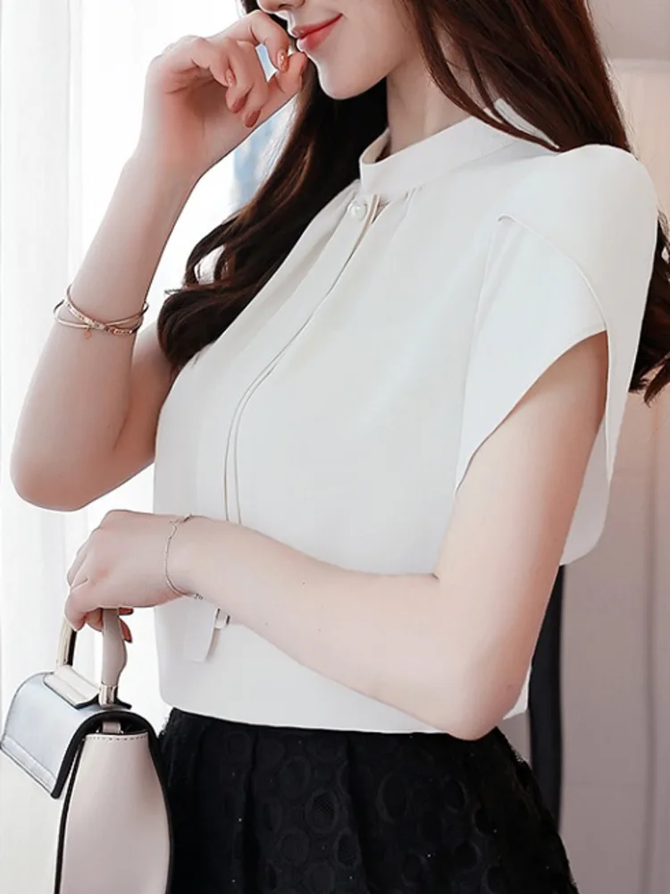 #3322 Summer Blouse Women Stand Collar Slim Fit Office Petal Sleeve Chiffon Blouse Femme Thin Elegant Ladies Tops And Blouses