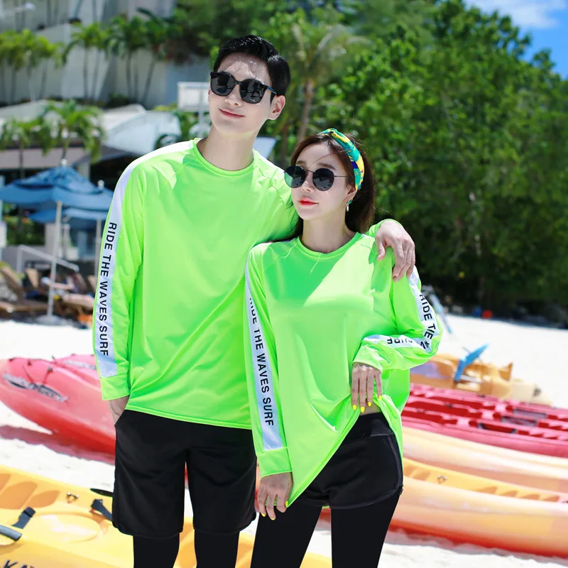 Women's 5pcs/set Long Sleeve Rash Guards Neon Loose Fit Swim Shirt UV Sun Protection Men Surf Swimsuit Casual Cover Up Wetsuit