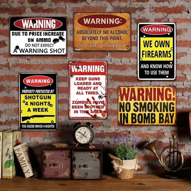 2D Flat - Set of 6 Vintage-Style Metal Warning Signs, Measuring 12.0X8.0 inch, Featuring Humorous Quotes. These Durable Decorati