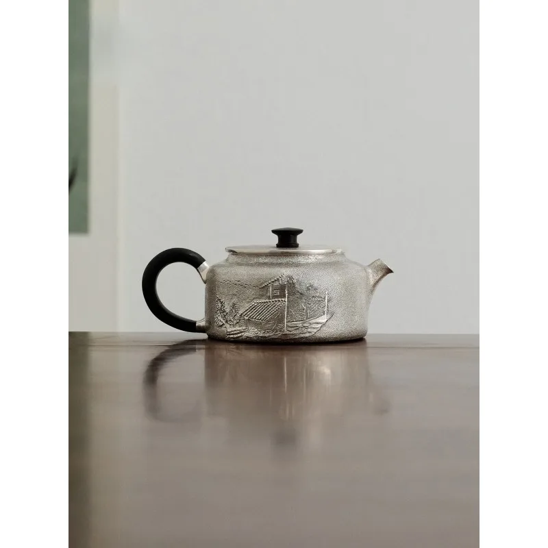 Handmade silver teapot, vintage antique Kung Fu tea set