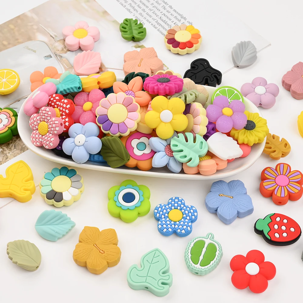 

5Pcs Random Mixing Silicone Bead Flower Leaf Fruit Teether Bead For DIY Baby Pacifier Chain Clips Toy Jewelry Making Accessories