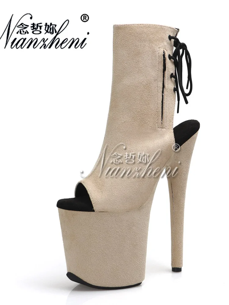 Fashion Beige 8-Inch Thin Heels Lace-Up Peep Toe Stripper Ankle Boots Sexy Exotic Dancer Pole Dance Footwear with Flock Finish