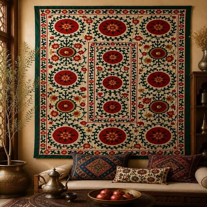 VIKAMA Bohemian Suzani Flower Tapestry Vintage Ethnic Wall Hanging Traditional Floral Art for Bedroom Home Decor