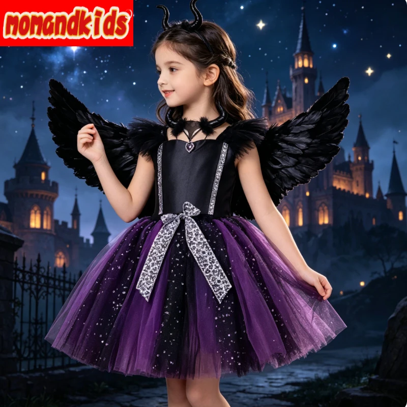 Edgy Horned Wicked Queen Tiered Tulle Dress with Glitter Accents, Perfect for School Talent Shows and Seasonal Carnival Disguise