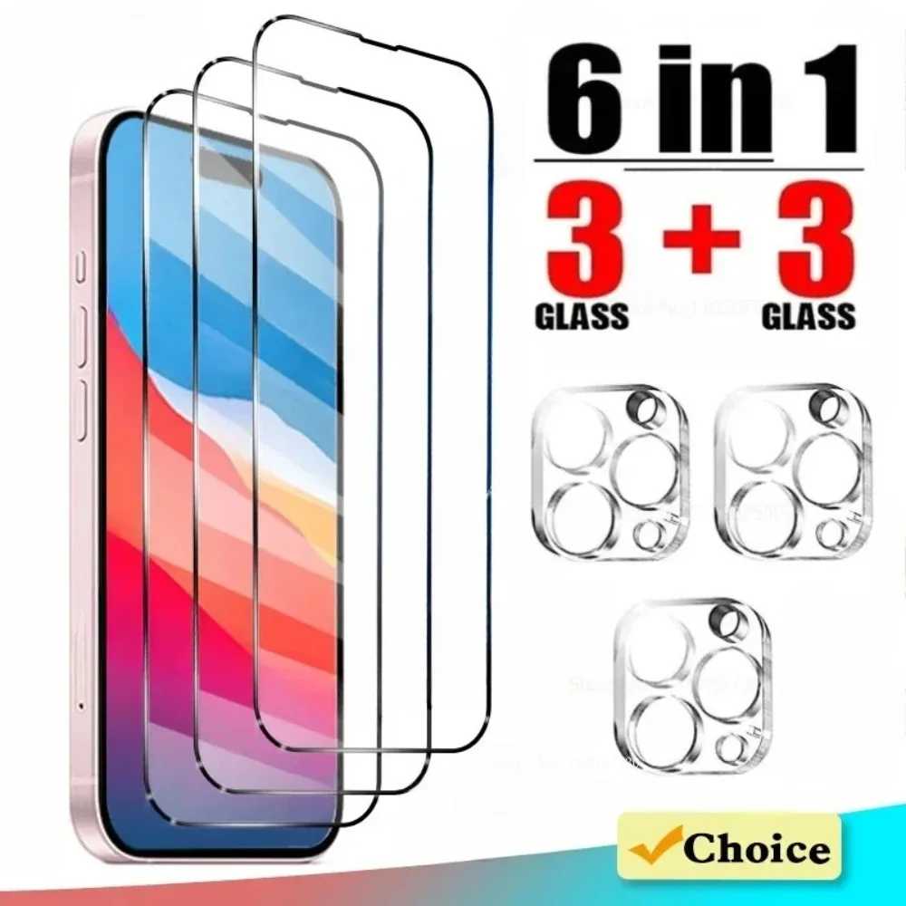 

6In1 Screen Protector 11 Pro Max Camera Tempered For Iphone 16 14 15 Plus 12 13 Mini Glass