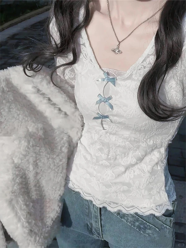 

White Lace Base irt Women's Long Sve Slimming Versatile Inner Wear Commute Sle Knot Design Moisture ng